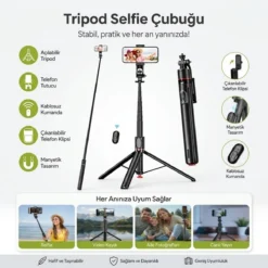 130 cm Uzayabilen Manyetik Kumandalı Tripod ve Ayarlanabilir Telefon Tutuculu, Alüminyum Gövdeli Selfie Çubuğu