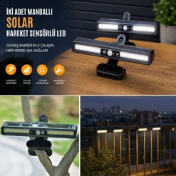 2 Adet 36 LED Mandallı Solar Lamba, Güneş Enerjili, Hareket Sensörlü, 3 Modlu, Kıskaçlı Kablosuz Dış Mekân Duvar Apliği