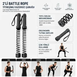 2'li Battle Rope Titreşimli Egzersiz Çubuğu, Yaylı Dalga Mekanizmalı Kol, Omuz, Göğüs, Sırt ve Core Antrenman Aleti