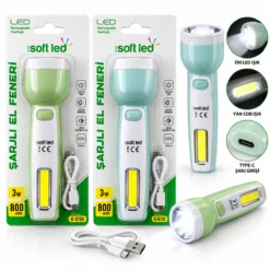 2IN1 SOFTLED ŞARJLI EL FENERİ USB - TYPE-C ŞARJLI 2W LED - 1W COB LED K-0750