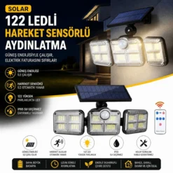 3'lü 122 LEDLİ Güneş Enerjili Hareket Sensörlü Aydınlatma, Dış Mekan Duvar ve Bahçe Lambası Solar LED