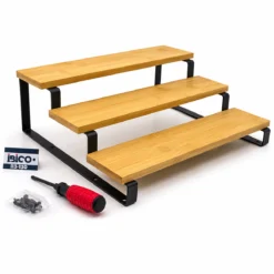 3 BASAMAKLI AHŞAP - BAMBU TEZGAH ÜSTÜ BAHARATLIK - DÜZENLEYİCİ STAND 29.5X23.5X10.5CM