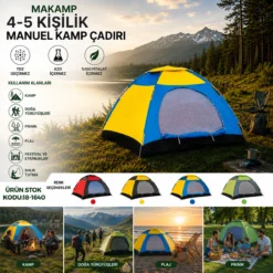 4-5 KİŞİLİK TOZ GEÇİRMEZ 200CMX200CMX135CM MANUEL KAMP ÇADIR HERHANGİ BİR RENK GÖNDERİLİR