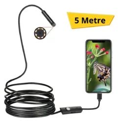 5 Metre Android Telefon Uyumlu 6 LED Işıklı Su Geçirmez Endoskop / Boroskop Yılan Kamera HD