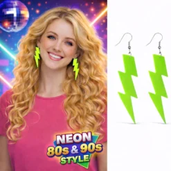80’ler 90'lar Retro Neon Yeşil Şimşek Küpe 10 cm