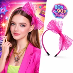 80’ler 90’lar Neon Pembe Dantel Taç Fiyonklu
